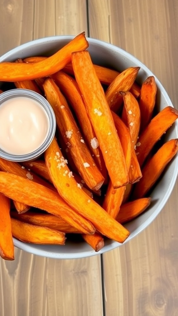 Crispy sweet potato fries in a bowl with dipping sauce on a rustic table.
